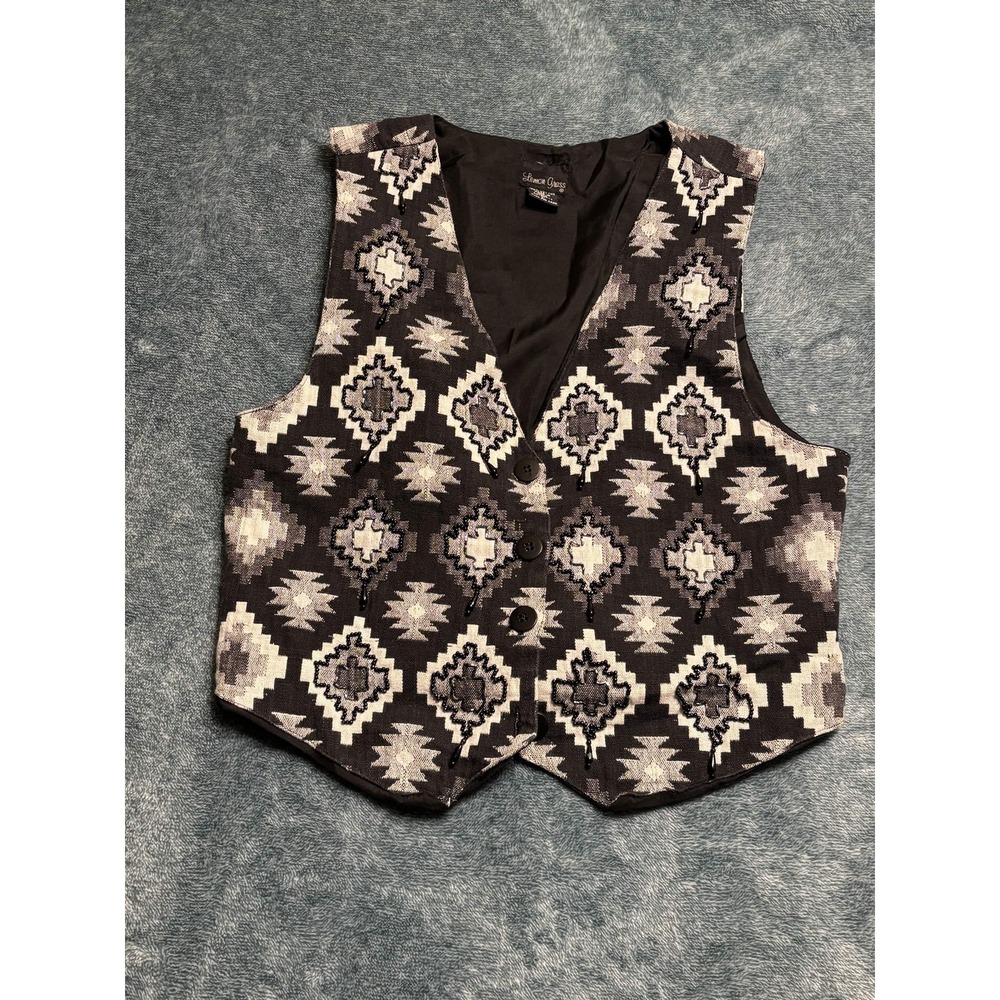 Lemon Grass Womens Large Black Gray Southwestern Pattern Button Up Vest